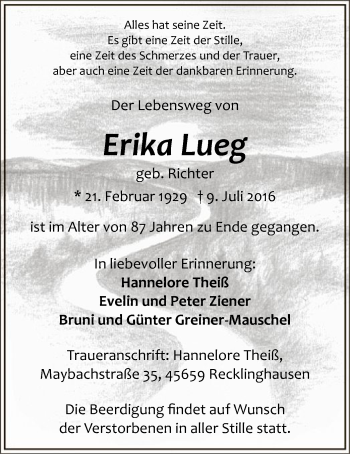 Todesanzeige von Erika Lueg von MZV