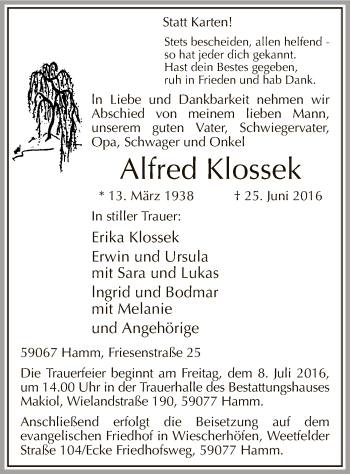 Todesanzeige von Alfred Klossek von MZV