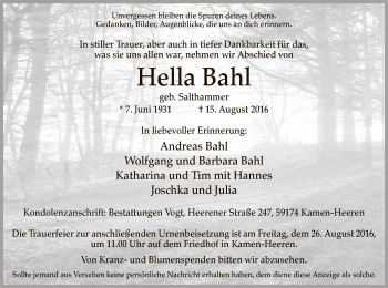Todesanzeige von Hella Bahl von MZV