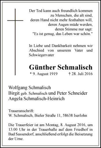 Todesanzeige von Günther Schmalisch von MZV