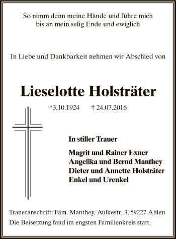 Todesanzeige von Lieselotte Holsträter von MZV