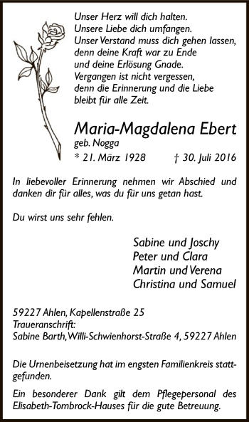 Todesanzeige von Maria-Magdalena Ebert von MZV