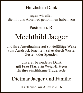 Todesanzeige von Mechthild Jaeger von MZV