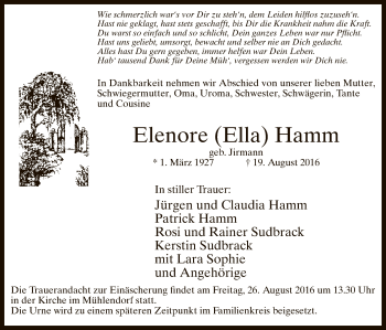 Todesanzeige von Elenore Hamm von MZV