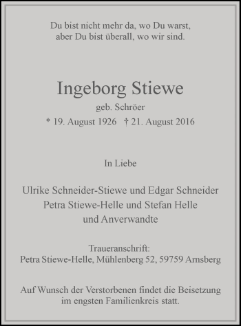 Todesanzeige von Ingeborg Stiewe von MZV