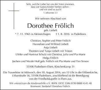 Todesanzeige von Dorothee Frölich von MZV