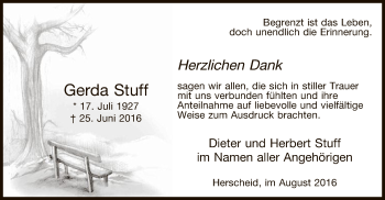 Todesanzeige von Gerda Stuff von MZV