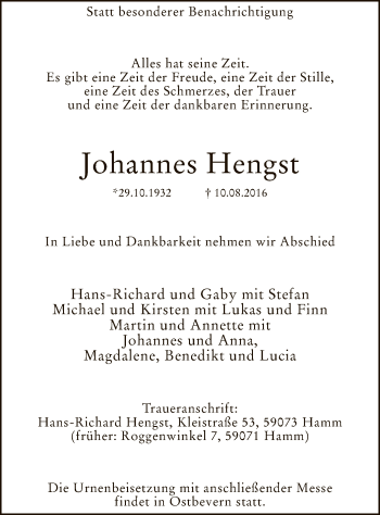 Todesanzeige von Johannes Hengst von MZV