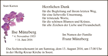 Todesanzeige von Ilse Münzberg von MZV