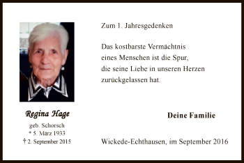 Todesanzeige von Regina Hage von MZV