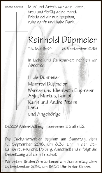 Todesanzeige von Reinhold Düpmeier von MZV