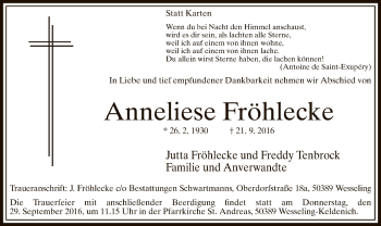 Todesanzeige von Anneliese Fröhlecke von MZV