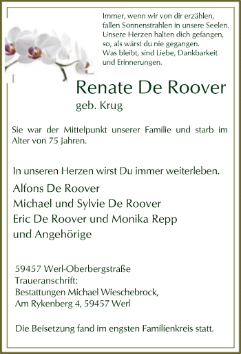 Todesanzeige von Renate De Roover von MZV