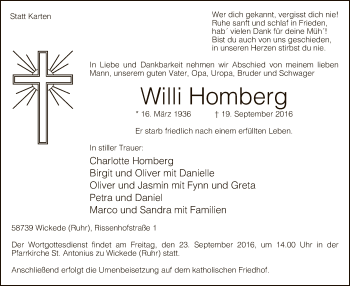 Todesanzeige von Willi Homberg von MZV