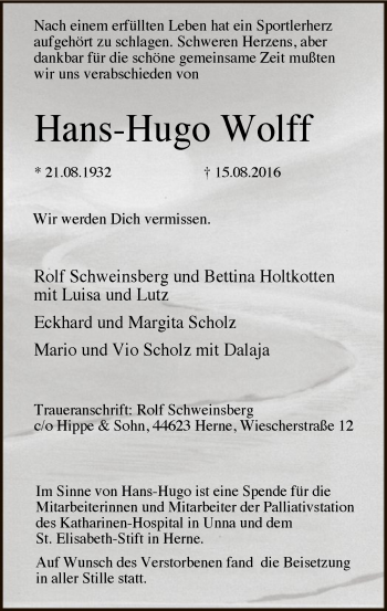 Todesanzeige von Hans-Hugo Wolff von MZV