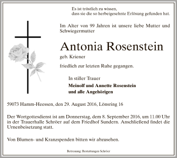 Todesanzeige von Antonia Rosenstein von MZV