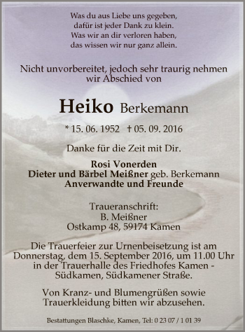 Todesanzeige von Heiko Berkemann von MZV