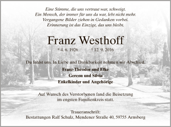 Todesanzeige von Franz Westhoff von MZV