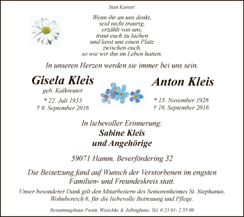 Todesanzeige von Gisela und Anton Kleis von MZV