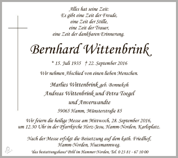 Todesanzeige von Bernhard Wittenbrink von MZV