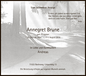 Todesanzeige von Annegret Brune von MZV