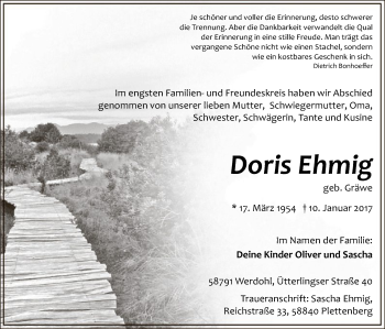 Todesanzeige von Doris Ehmig von MZV