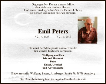 Todesanzeige von Emil Peters von MZV