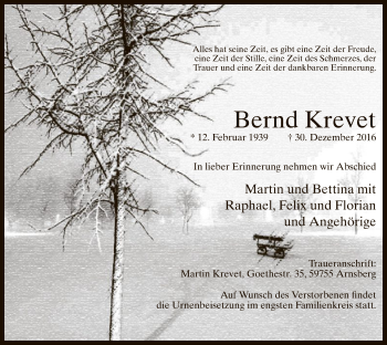 Todesanzeige von Bernd Krevet von MZV
