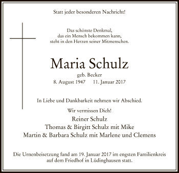 Todesanzeige von Maria Schulz von MZV
