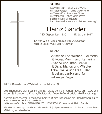Todesanzeige von Heinz Sander von MZV
