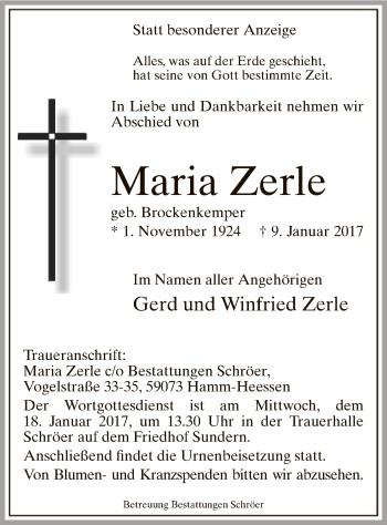Todesanzeige von Maria Zerle von MZV