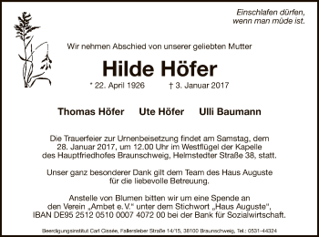 Todesanzeige von Hilde Höfer von MZV
