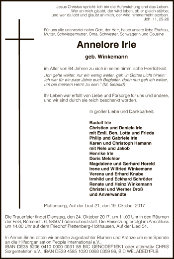 Todesanzeige von Annelore Irle von MZV