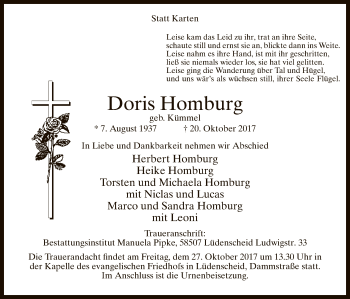 Todesanzeige von Doris Homburg von MZV