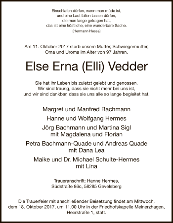 Todesanzeige von Else Erna Vedder von MZV