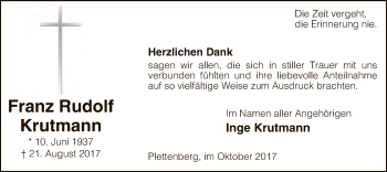 Todesanzeige von Franz Rudolf Krutmann von MZV