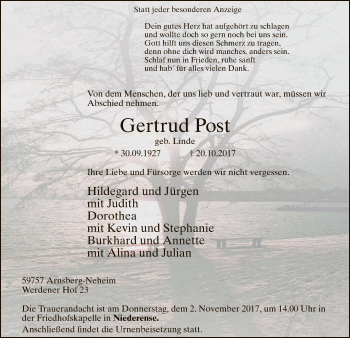 Todesanzeige von Gertrud Post von MZV