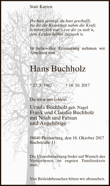 Todesanzeige von Hans Buchholz von MZV