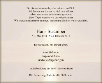 Todesanzeige von Hans Strümper von MZV