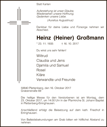 Todesanzeige von Heinz Heiner Großmann von MZV