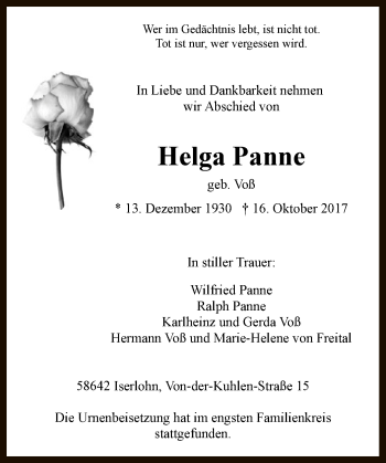 Todesanzeige von Helga Panne von MZV