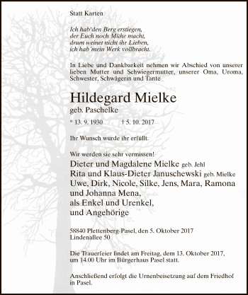 Todesanzeige von Hildegard Mielke von MZV