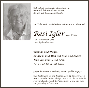 Todesanzeige von Resi Igler von MZV