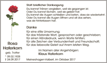 Todesanzeige von Rosa Haferkorn von MZV