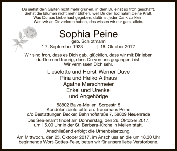 Todesanzeige von Sophia Peine von MZV
