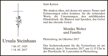Todesanzeige von Ursula Steinhaus von MZV