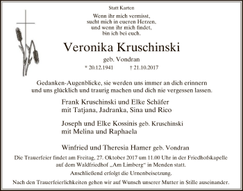 Todesanzeige von Veronika Kruschinski von MZV