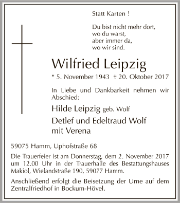 Todesanzeige von Wilfried Leipzig von MZV