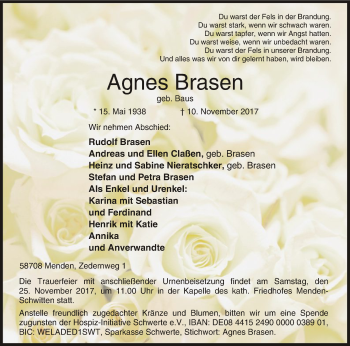 Todesanzeige von Agnes Brasen von MZV