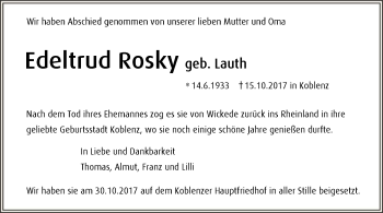 Todesanzeige von Edeltrud Rosky von MZV